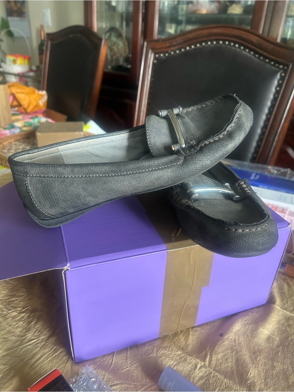 Chaps dark gray Slip-On Moccasin Loafers with Silver Accent size 7.5.